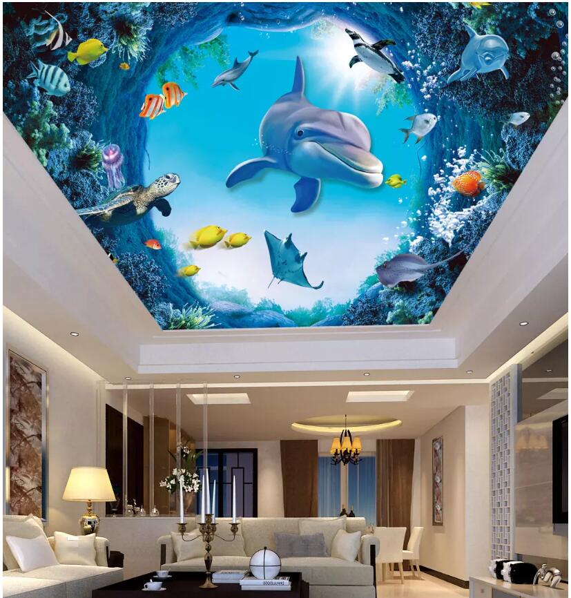 

WDBH 3d ceiling murals wallpaper custom photo Sea world Dolphin sea turtle fish home decor room 3d wall murals wallpaper for walls 3 d, Non-woven
