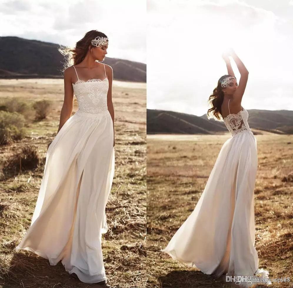 

2019 Elegant Bohemian Lace Beach Wedding Dresses Spaghetti A Line Chiffon Floor Length Bridal Dresses Simple Cheap Wedding Gowns Plus Size, Gold