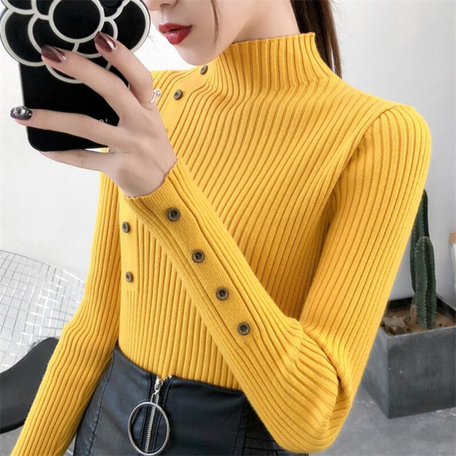

Women Autumn Knitted Sweater Solid Knitted Female Cotton Soft Elastic Color Pullovers Button Full Sleeve Turtleneck, Yellow
