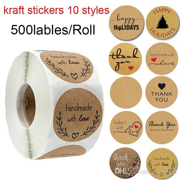

1 Inch Round Brown Kraft Stickers 500 labels per roll Handmade WITH LOVE THANK YOU