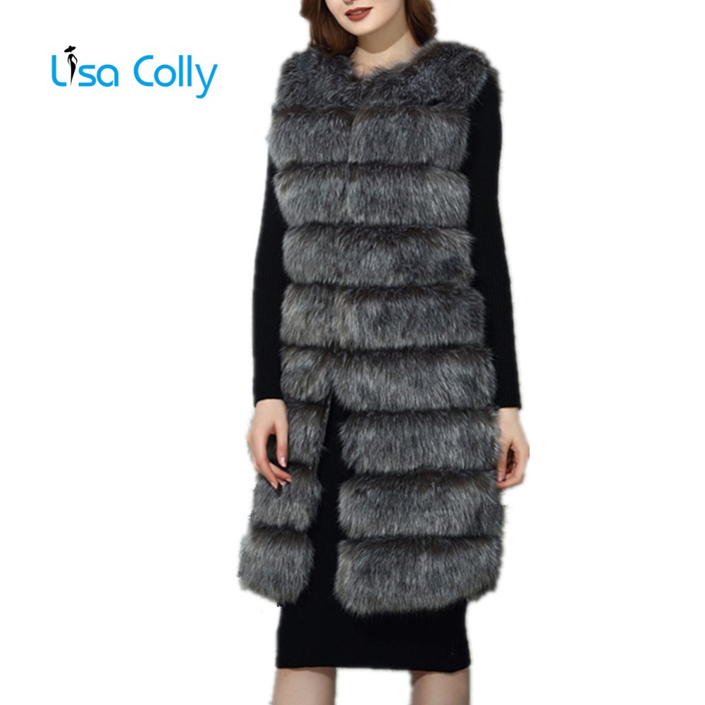 

Lisa Colly Women Long Furs Vest Fur Coat Jacket Overcoat Winter Warm Faux Fur Vest Furry Slim Woman Fake, Red