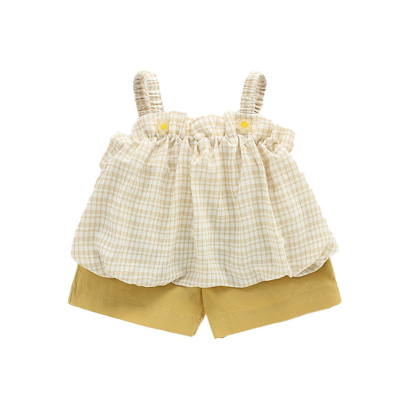 

2PCS WLG Girls Casual Outfits Kids Summer Plaid Strap Dress and Yellow Bow Short Set Baby Girl Clothes for 1-5 Years