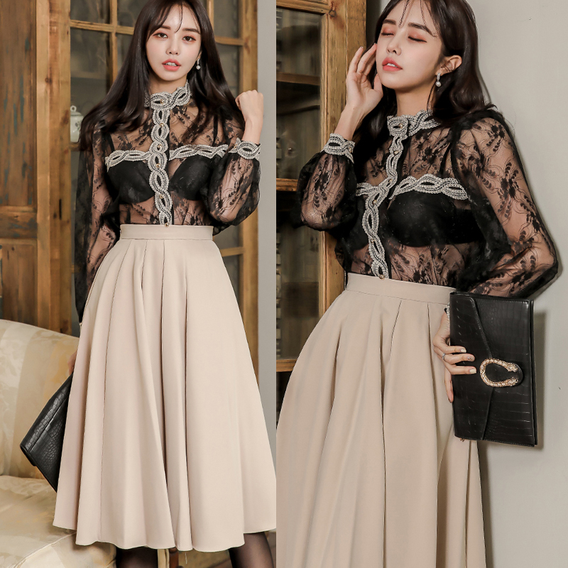 

2020 Black New Spring Women Two Piece Set Women Sexy Lace Patchwork See-through Hollow Out Shirt Tops And High Waist Swing Skirt Set, Same as picture