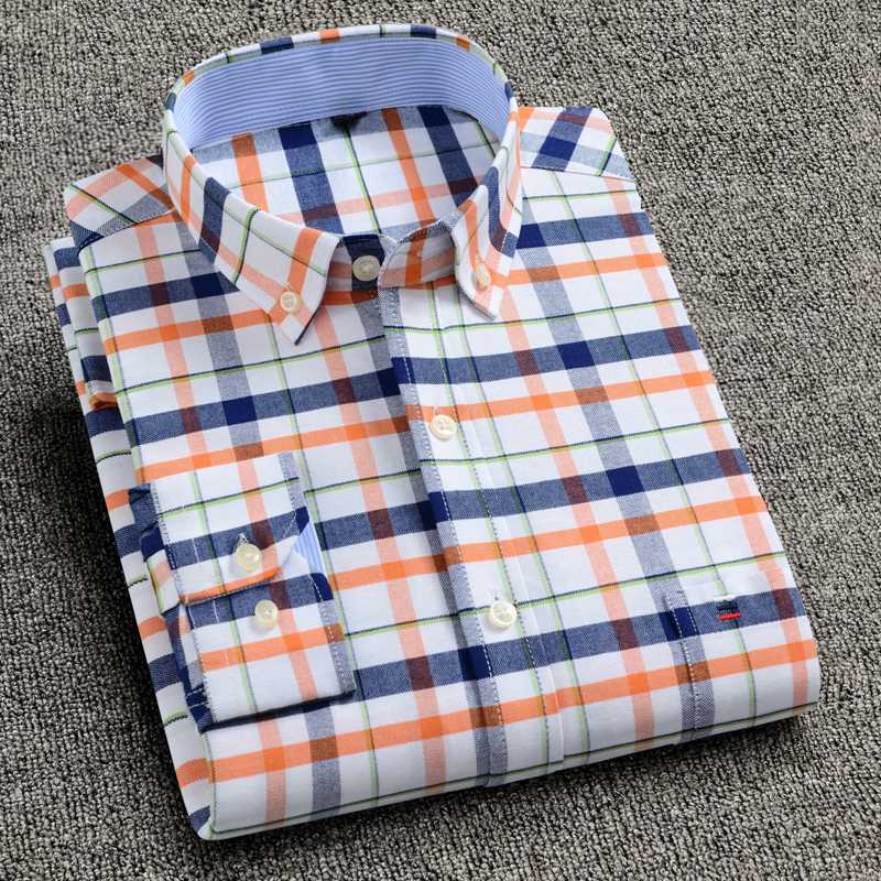 Mens Shirt 100% Cotton Plus Size 6XL 7XL 8XL for Big Men 125kg Casual Fashion Plaids Orange Asian Size SCC205
