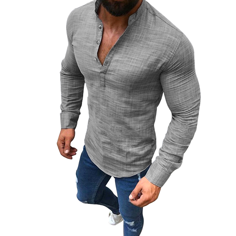 

5 Colors New Autumn Men Casual Linen Shirt Pure Color Stand Collar Long Sleeve Quick Dry Social Gentleman Normal Fitness Shirts, Black