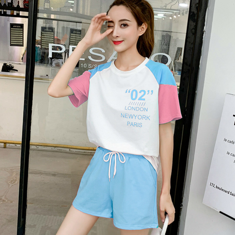 

2020 New Women Short Sleeve T-shirt Shorts Two-piece Set Female Summer Small Fresh Korean Sports Cute Ins Matching Suit Outfits, Black