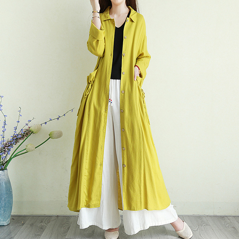 

2020 Retro literary Loose Women's Windbreaker Spring Summer Trench Coats Cotton Linen Cardigan Long Sunscreen Clothing g268, Black