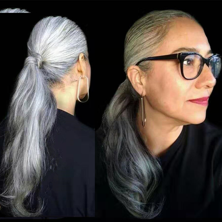 

Brazilian Virgin Human Ponytail Hair Extensions Clip In Straight Silky One Piece Wrap Around Hairpiece Long For Women Beauty - Silver Grey