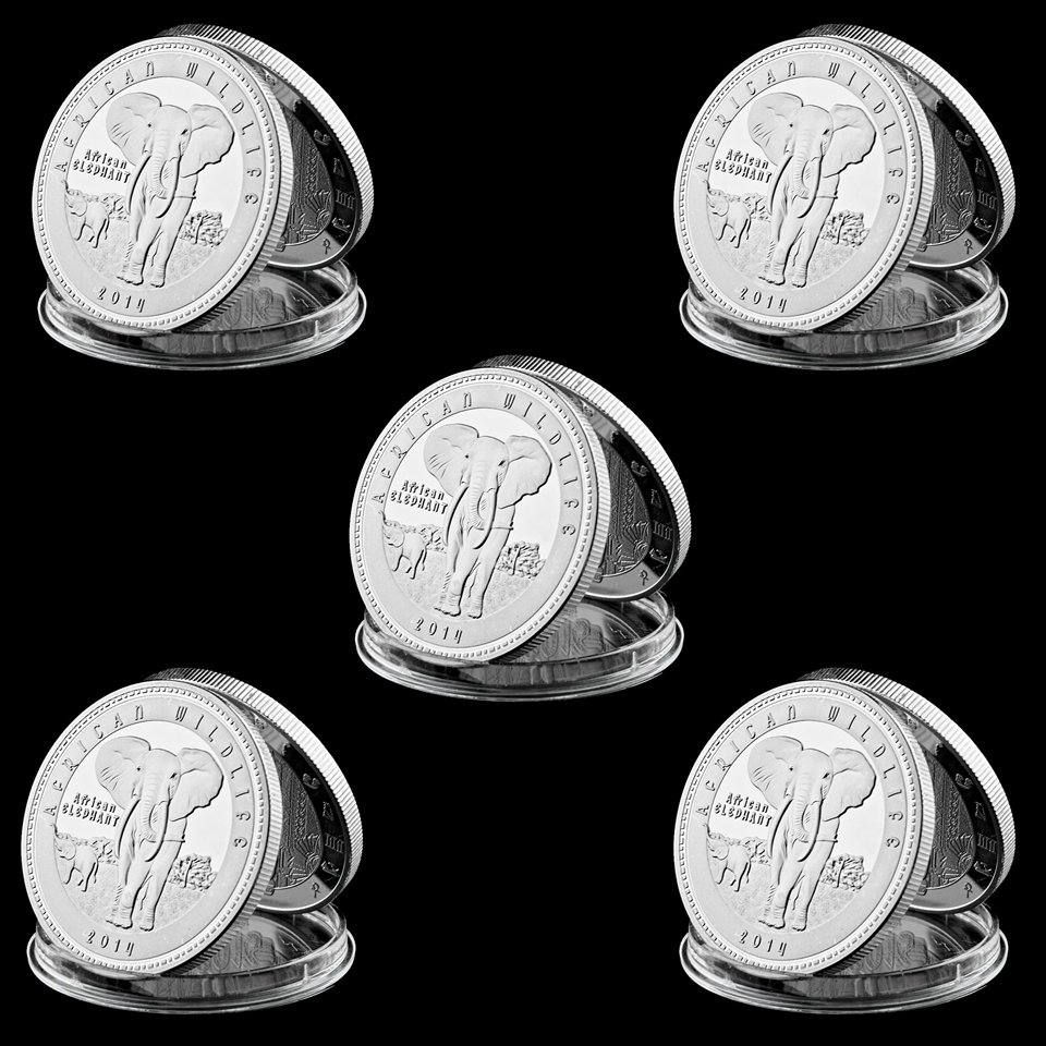 5pcs 40mm Africa Wildlife Animal Craft Zambia Elephant 1000 KWACHA Silver Plated Commemorative Coin Home Decor-image-522338499