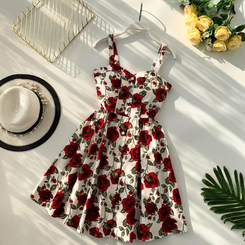 

Floral Print Boho 2020 Vintage Spaghetti Strap Summer Mini Short Dress Party Polka Retro Dot Casual Women Beach Holiday Vestiods, Apricot red floral