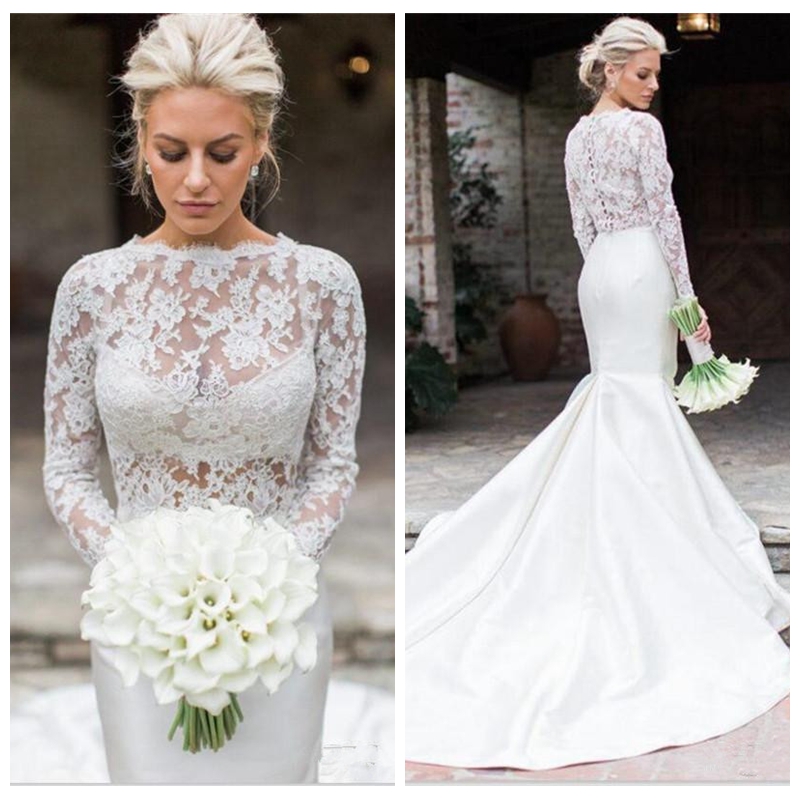 

Modest Long Sleeves Muslim Mermaid Wedding Dresses Lace Appliques Slim 2020 Bridal Gowns Customized Long Vestidos De Marriage Garden, Custom made from color chart