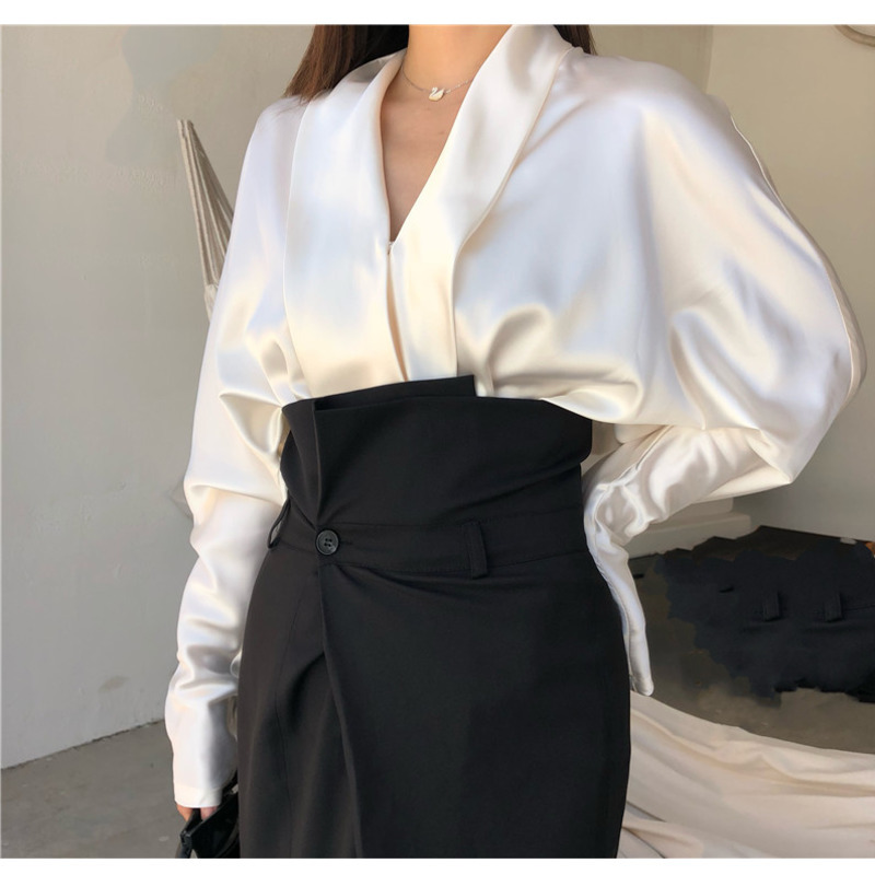 

XUXI 2020 Women Shirt Sexy Silk Women' Shirt Vneck Bat Manga Blanca Silk Release Women' Summer Blouse Vintage Top FZ0431, Pearl white