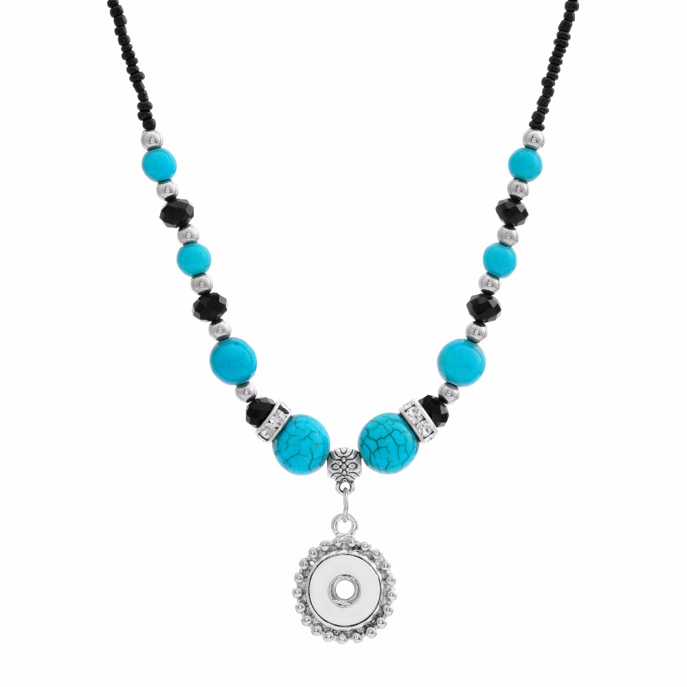 

Fashion-National Style Turquoises Beads Snap Necklace 55cm Fit Diy 12mm 18mm Snap Buttons Wholesale Christmas Gift