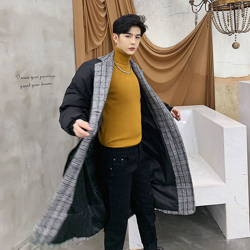 

Male Streetwear Hip Hop Overcoat Coat Men Winter Plaid Splice Loose Casual Thick Warm Cotton Padded Jacket Long Parka Outerwear, Black