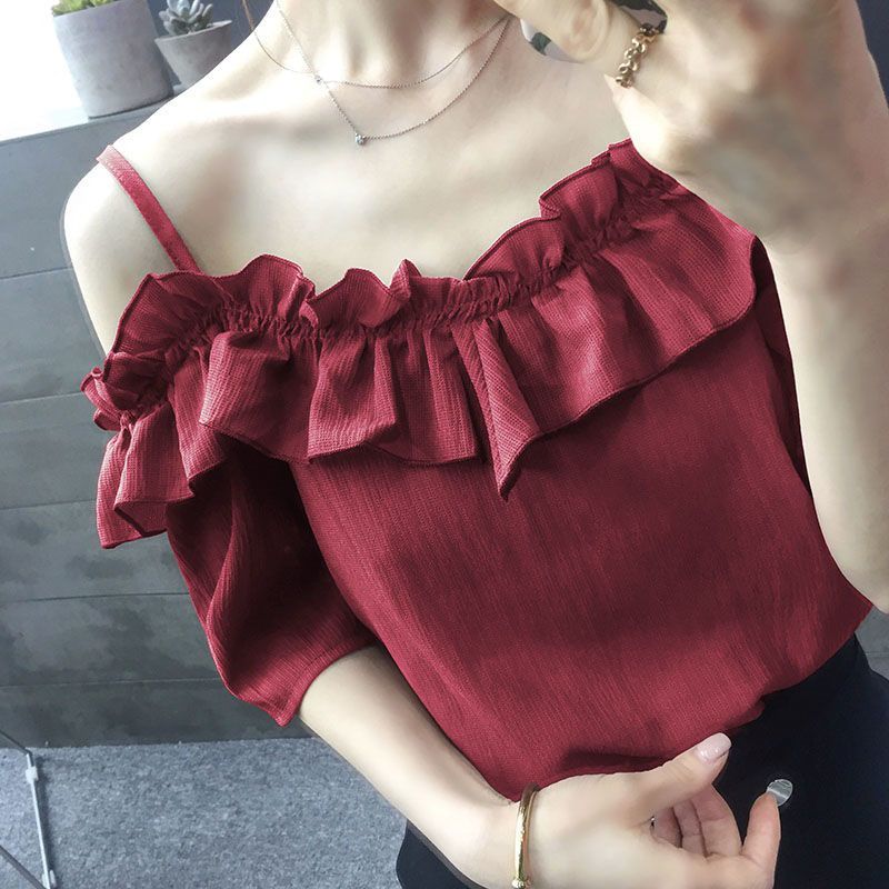 

New Style Women' Fashion Spring Summer Chiffon Shirts Elegant Slash Neck Ruffle Blouses Casual Women' Blusas Tops DF3221, Red