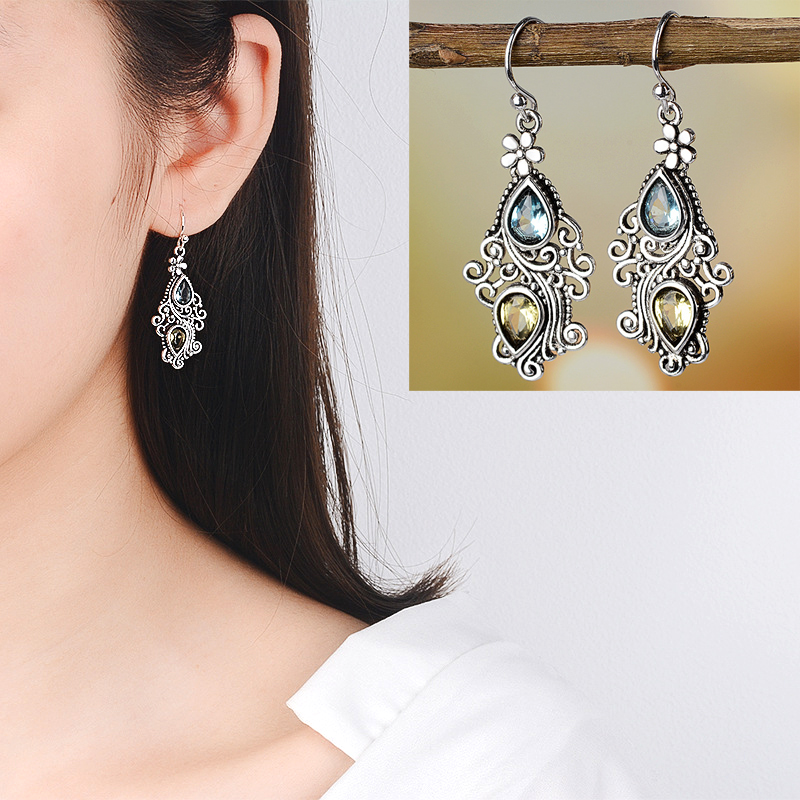 

Creative flower drop pear-shaped ear cuff vintage sea blue Topaz stone pendant female earring