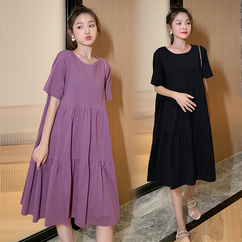 

6657# Maternity Clothes Summer Cotton plus Size Short Sleeve Loose Stylish Dress for Pregnant Women Pregnancy Clothes, Black (cotton)