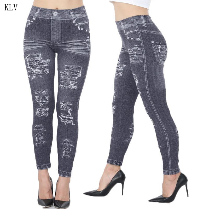 

Fashion Slim Women Leggings Floral Print Pencil Faux Denim Jeans Leggings Casual Women Clothing Plus Size Pencil Pants