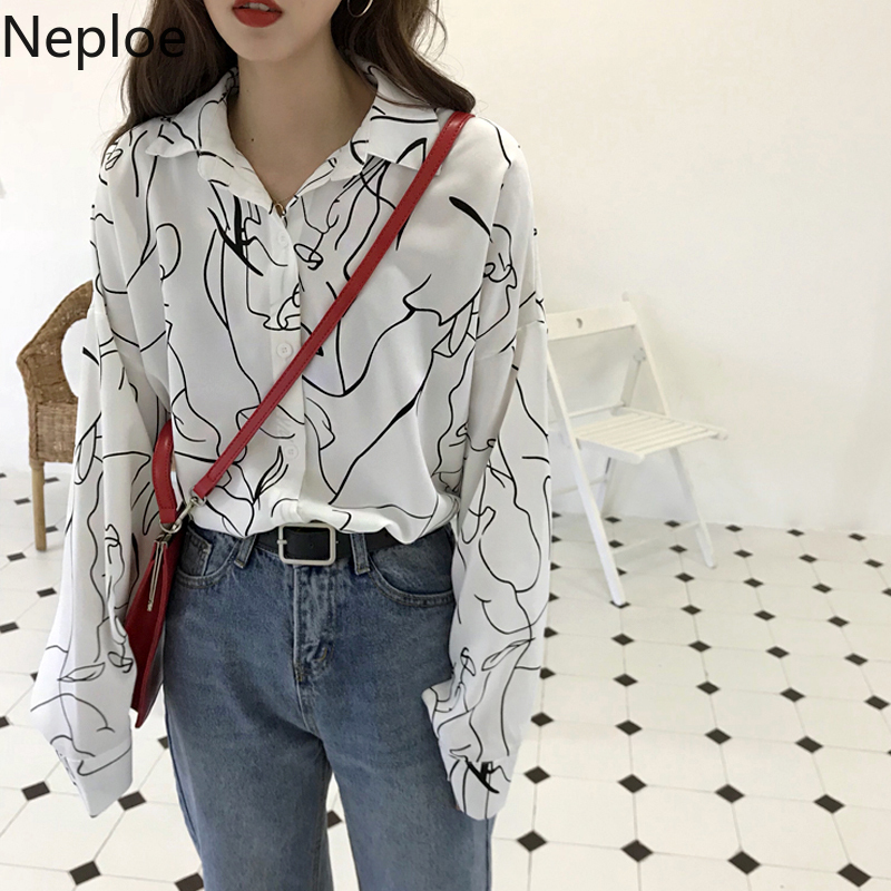 

Neploe Women Causal Pringting Blouse Shirts 2020 Spring New Long Sleeve Femme Tops Single Breasted Loose BF Style Blusas 4B067, Blue