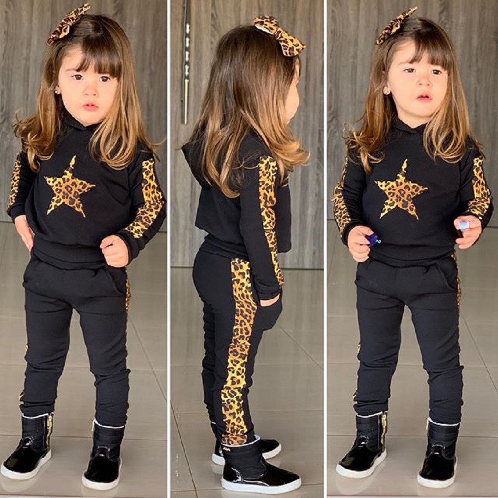 

Toddler Kid Baby Girl Hooded Leopard Top Sweater Pants Autumn Outfit Clothes Fashion Kids Baby Girls Casual Outfit Clothes, Black