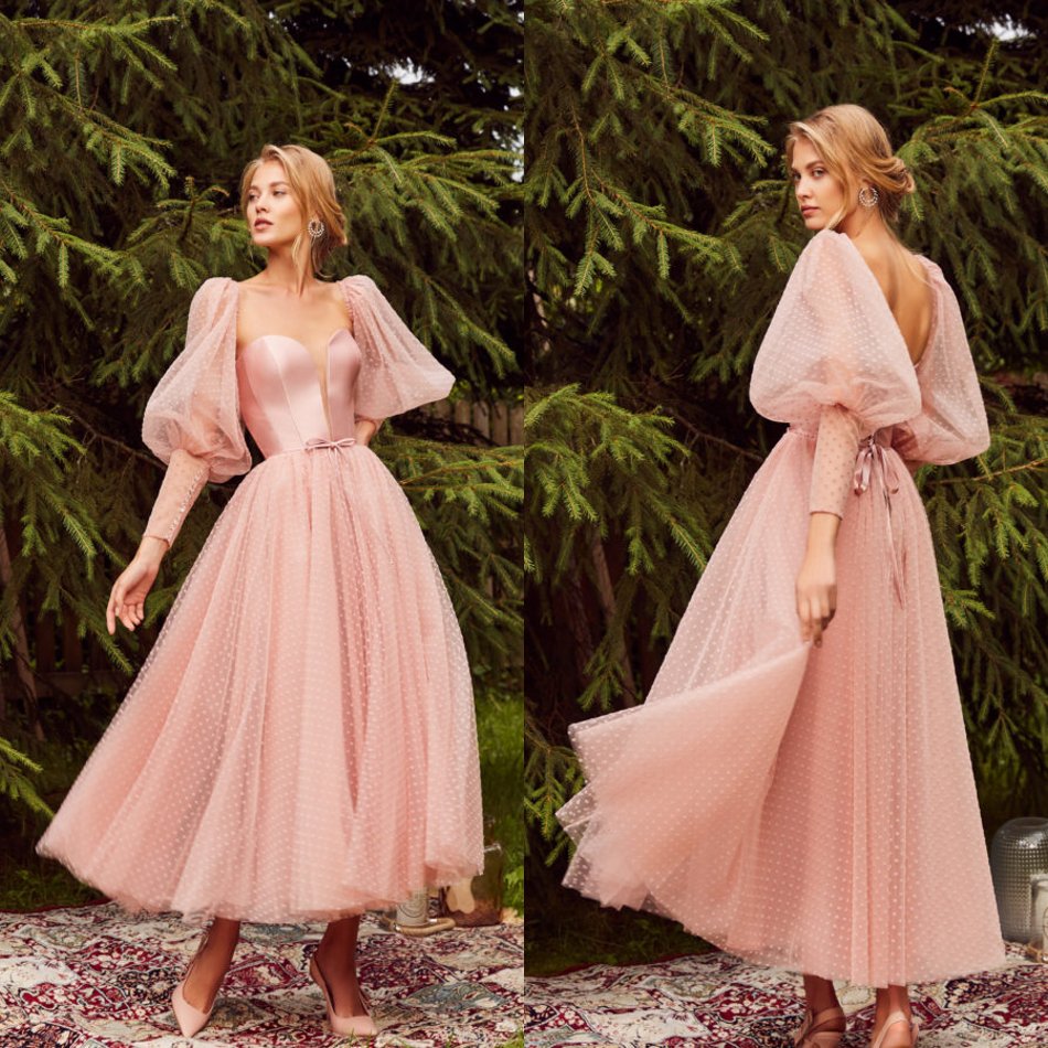 

2020 A Line Prom Dresses Sweetheart Long Sleeve Hollow Back Lace Up Tulle Party Gowns Ankle Length Evening Dress, Pink