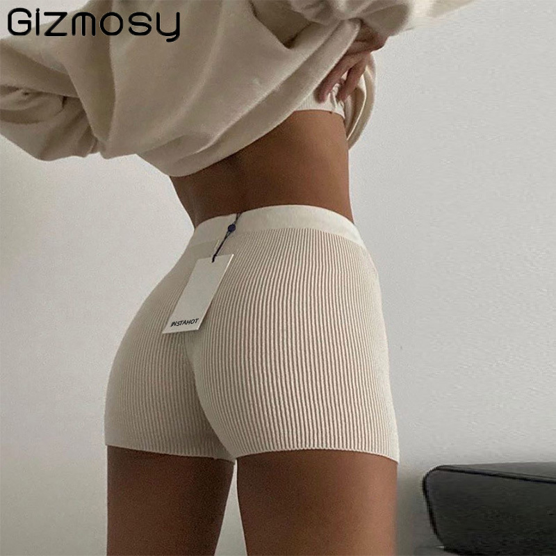 

Gizmosy Solid color knitted shorts women's 2020 summer stree fashion female biker bodycon shorts cotton swear mini sexy, Black