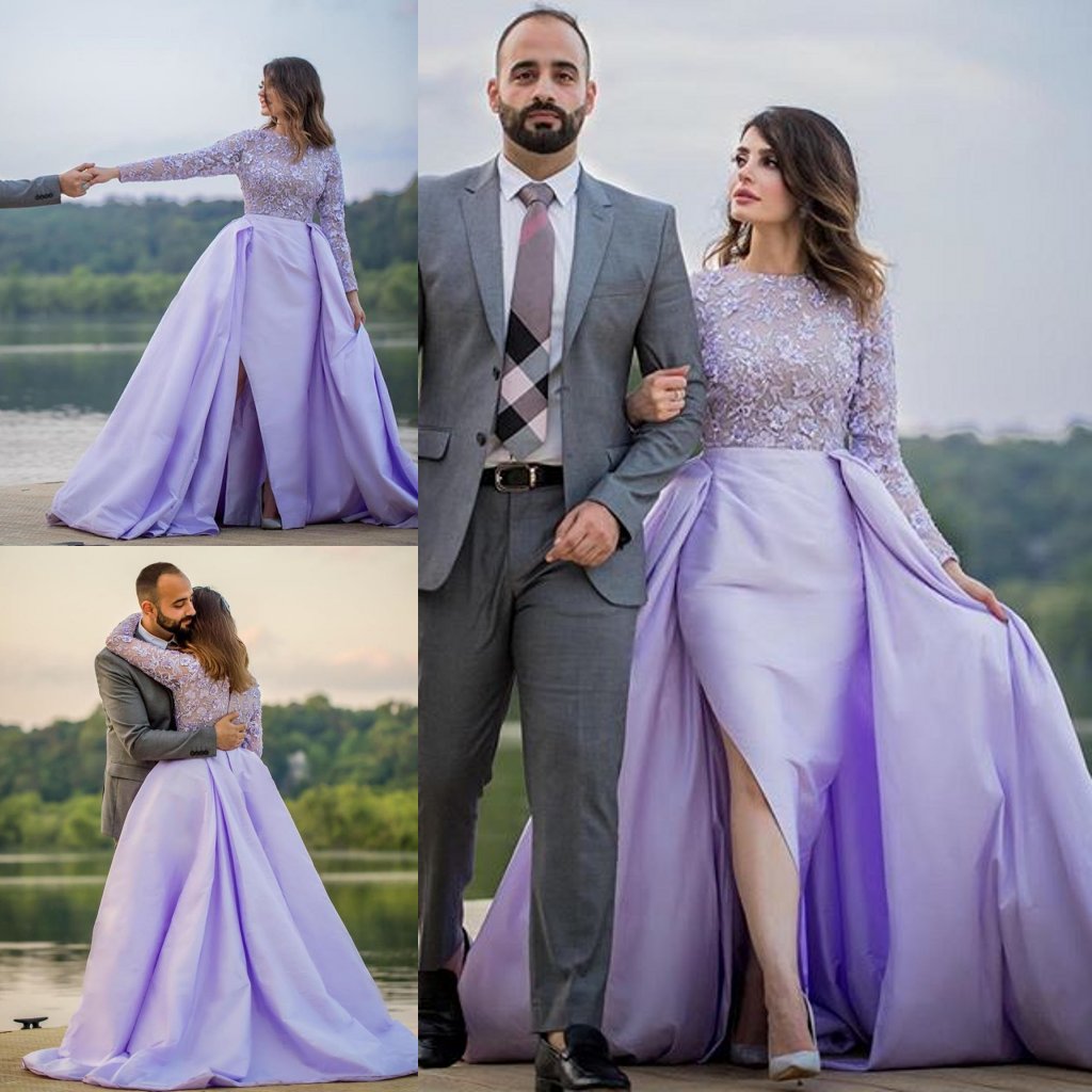 

2019 Lavender Mermaid Evening Dresses With Detachable Overskirts Jewel Neck Lace Side Split Prom Gowns Arabic Girls Pageant Celebrity Dress, Light yellow