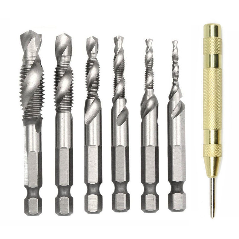 

New-7 Pcs 1/4 Inch Hss Spiral Hex Shank Combination Drill Screw Tap Bit Set(M3-M10)With Automatic Spring Loaded Center Punch Too