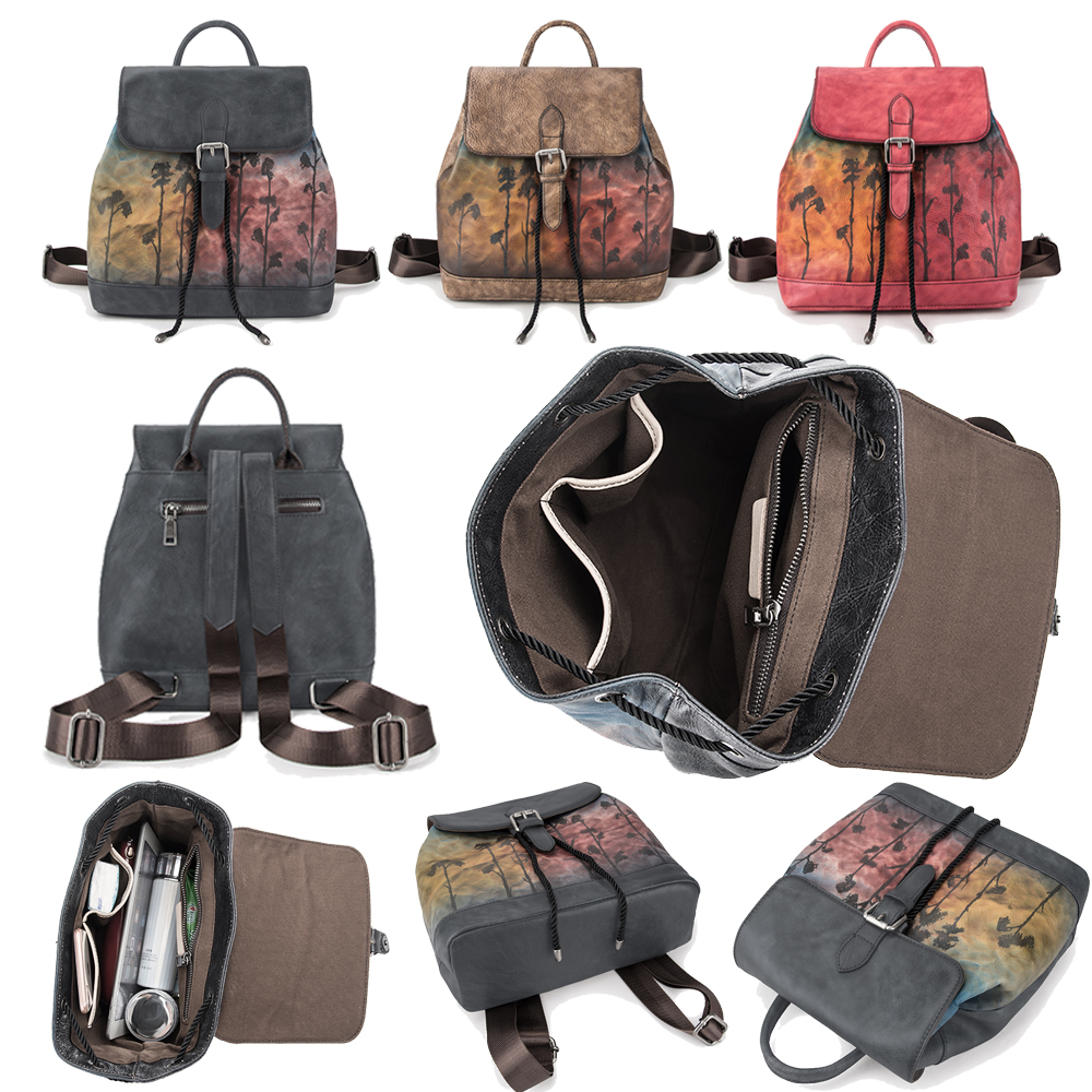 

Women Genuine Leather Backpacks Rucksack Casual Floral Knapsack Cowhide Schoolbag Satchel Laptop Bags Outdoor Organizer Bag Drawstrings Bag, 3 colors for choice