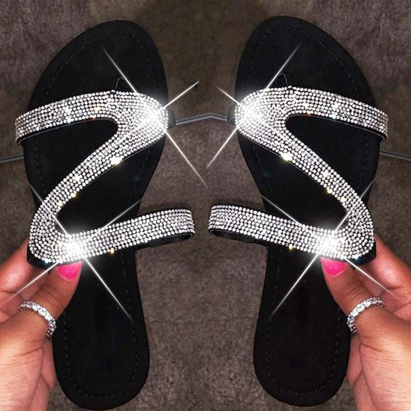 

Women Slippers Summer Crystal Slides Outdoor Shoes Fashion Bling Flip Flops Femme Flat Beach Slippers Big Size 35-43, Pink