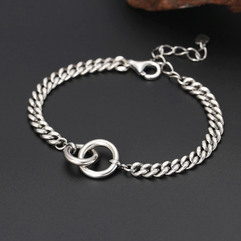 

925 Sterling Silver Women's Wrist Retro Thai Silver Ornament Cool Simple Double Ring Bracelet 17cm With 5cm Extension