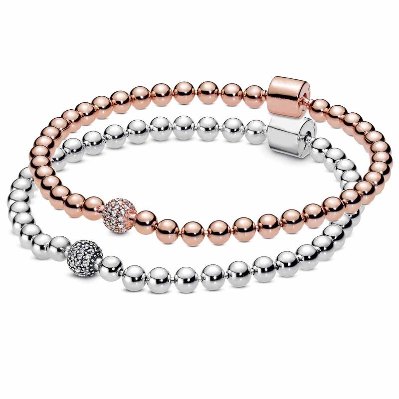 

Link, Chain Original Rose Gold Beads & Pave Crystal Sliding Bracelet Bangle Fit 925 Sterling Silver Bead Charm Diy Europe Jewelry