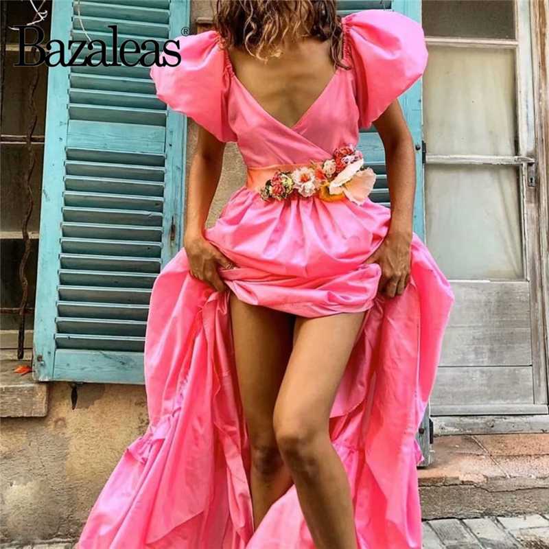 

Bazaleas Pink Ruffles women dress Retro sashes vestidos Vintage Puff sleeve women Long Dress, 7474 pink yf71