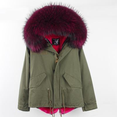

Rainbow multicolour Raccoon fur trim women snow coats MAOMAOKONG brand winter jackets rose Rex rabbit fur lining black mini parkas, Choose the model