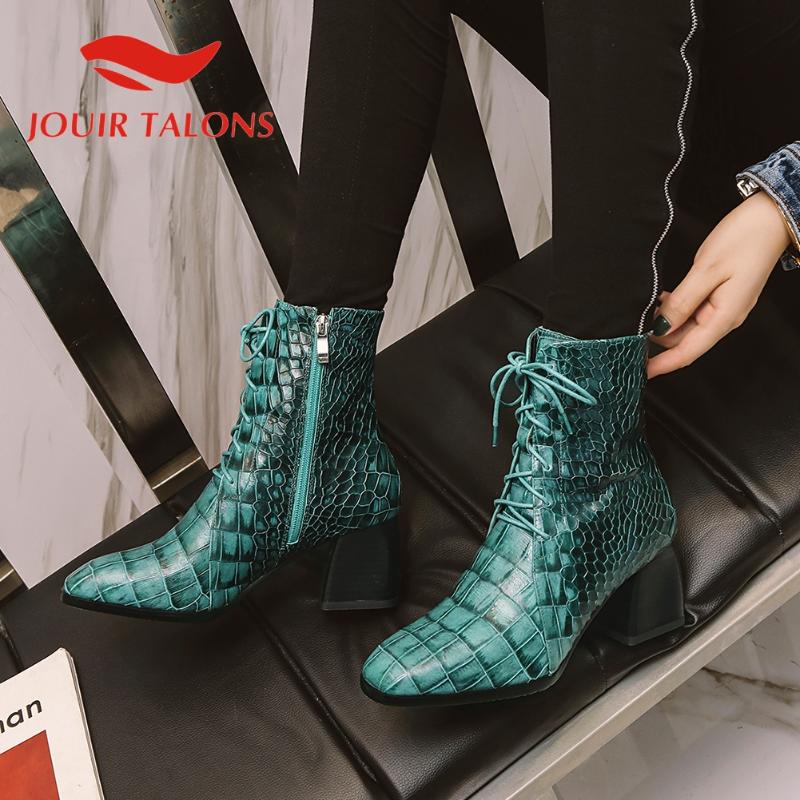 

JOUIR TALONS 2020 hot sale Genuine leather woman boots Platform square heels square toe cross-tied zip winter Woman shoes, Black