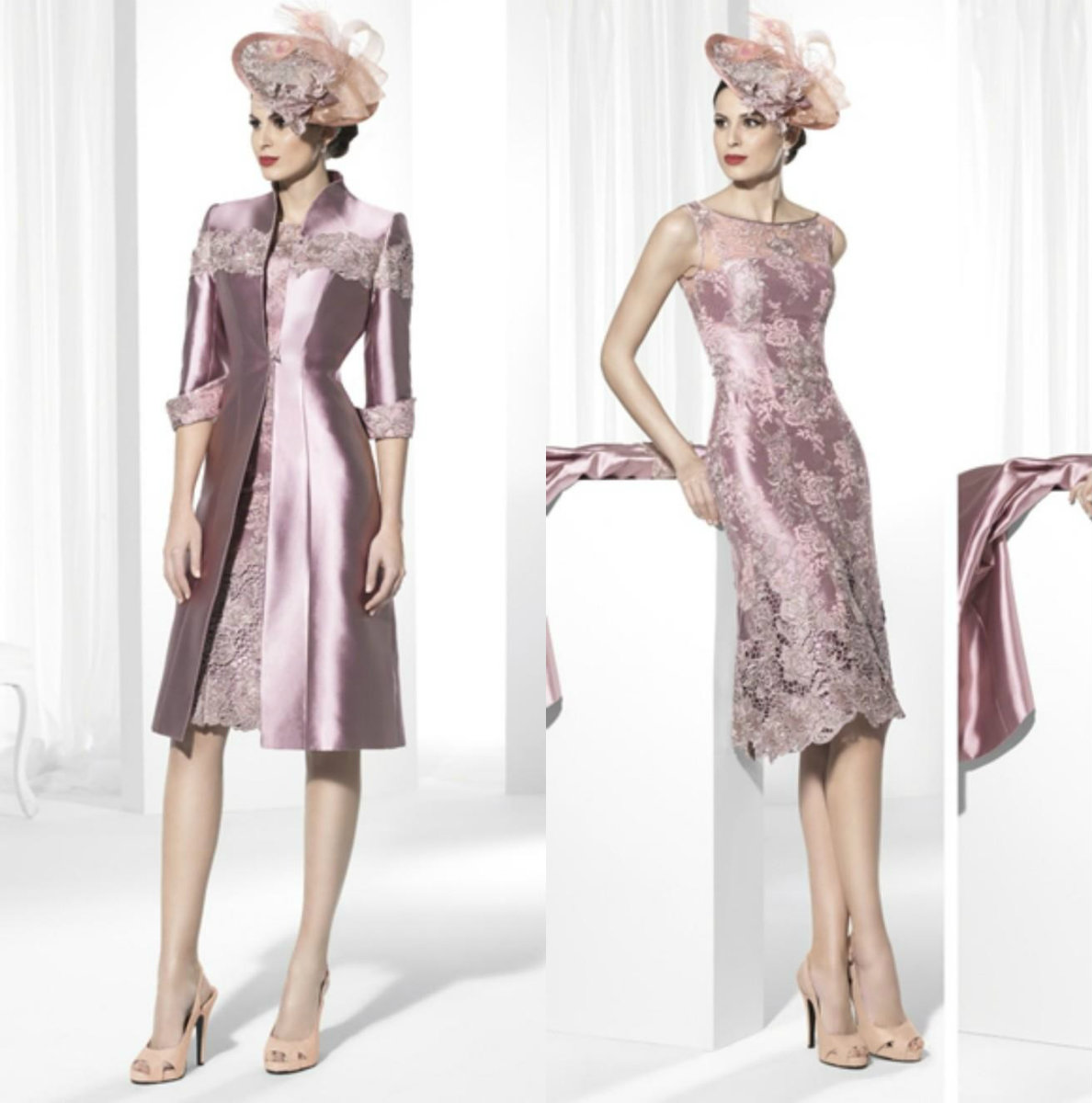 

2019 Long Mother Of The Bride Dresses With Jacket Jewel Neck Knee Length Elegant Wedding Guest Dress Lace Satin Formal Evening Gowns