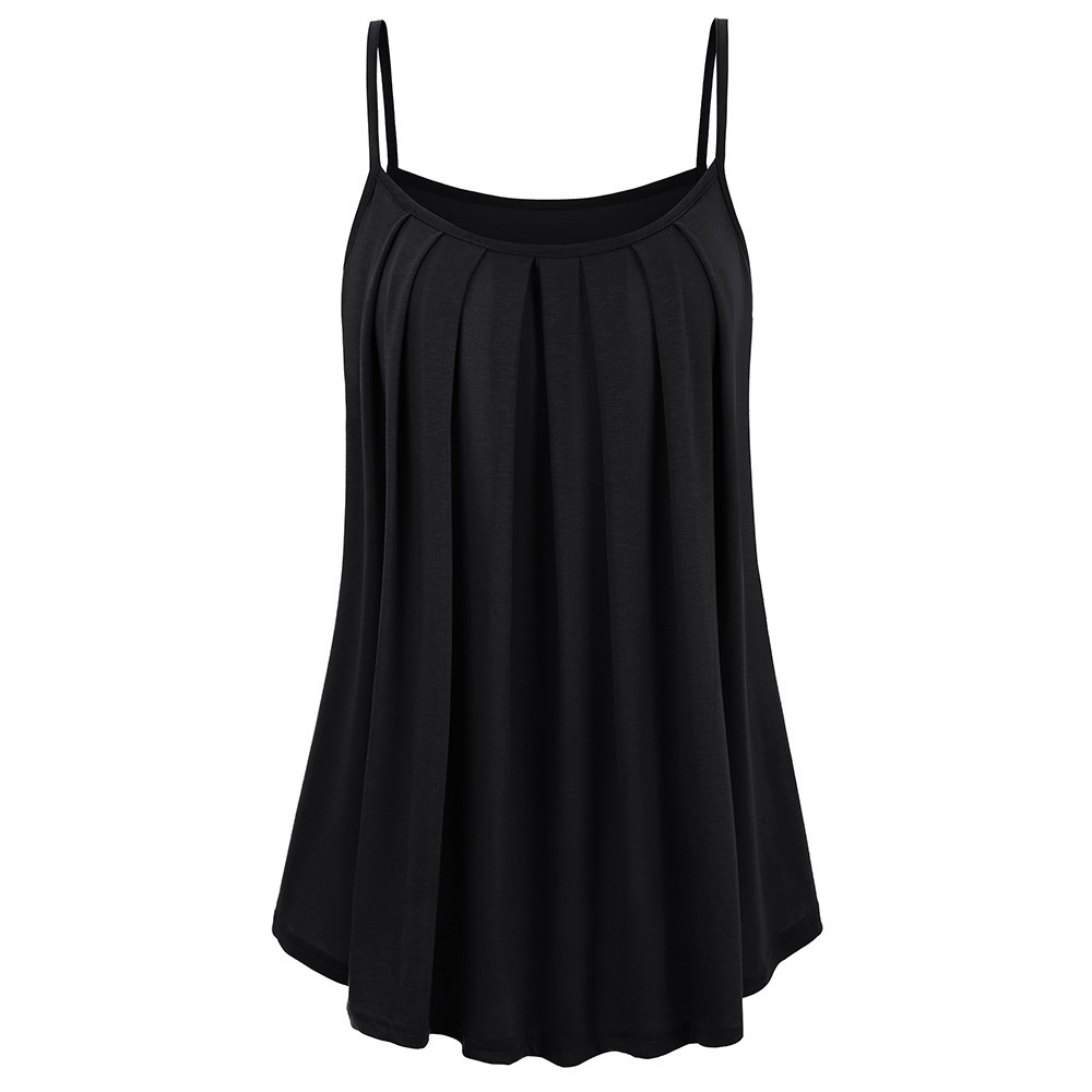 

2019 Ladies Spaghetti Strap Lace Trim Chiffon Sling Blouses Casual Solid Color V-Neck Sleeveless Soft Stretch Pleated Shirts, Black