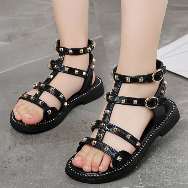 

Girls Summer Sandals Girls Roman Rivet Sandals Soft Bottom Baby Shoes Children's Beach Shoes Kids Fashion Princess Shoes New, Black