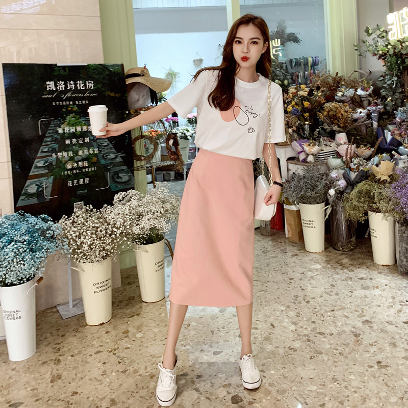 

Summer Clothes For Women 2 Piece Set Women Clothing Dog Print Letters Female T-shirt + Mid-Length Skirt Women' Blouses Costumes, Pink skirt