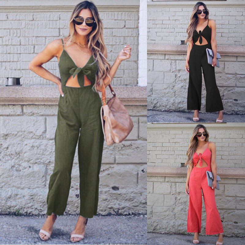 

Women' Sexy Bowknot Lace V Neck Sleeveless Sling Rompers Long Wid Leg Jumpsuits, Army green