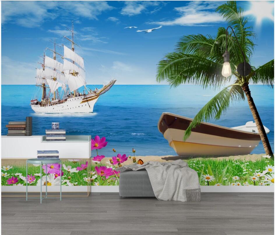 

custom photo 3d wallpaper Coconut beach sailboat scenery background home decor living room 3d wall murals wallpaper for walls 3 d, Non-woven wallpaper