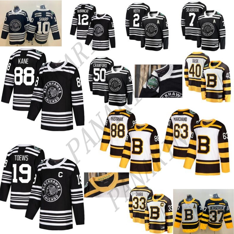 

2019 Winter Classic Chicago Blackhawks Boston Bruins Toews DeBrincat Patrick Kane Seabrook Crawford Pastrnak Bergeron Marchand Chara hockey, Black;red