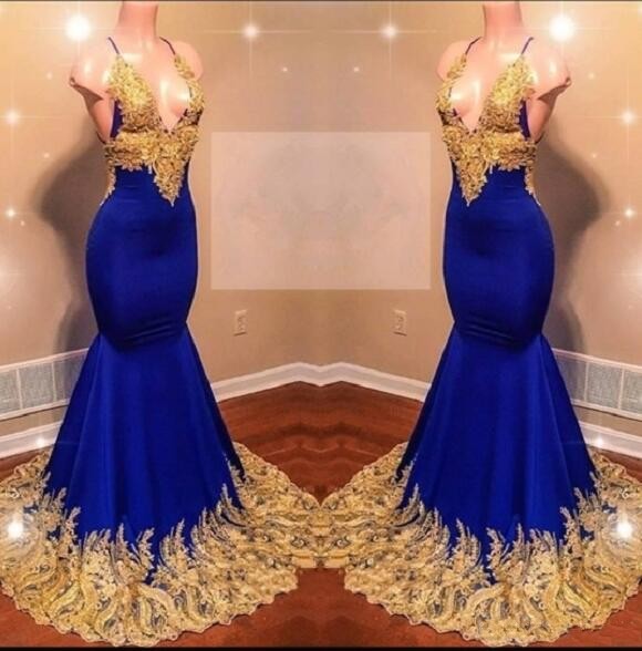 

Halter Sexy Prom Dresses African Long Deep V Neck Gold Lace Appliques Royal Blue Cocktail Party Dress Backless Evening Gowns, Daffodil