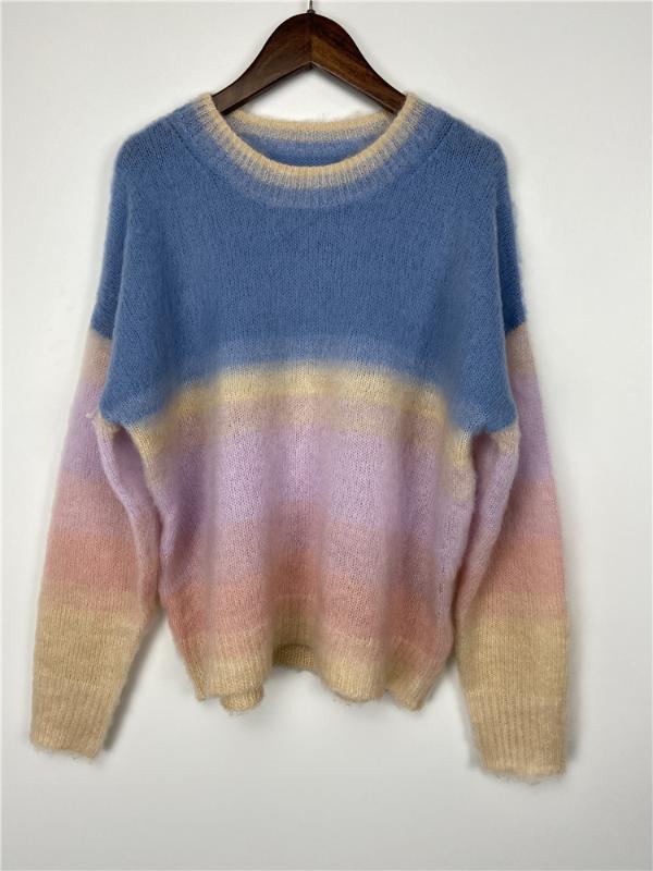 

ElfStyle] - Blue Gradient Mohair Wool Knit SWEATER Drop Shoulder Oversized Jumper Long Sleeves Woman Fashion Knitwear