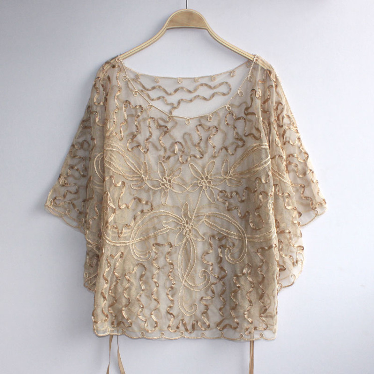 

Summer Casual Loose Women Batwing Sleeve Ribbon Cord Embroidery Lace Poncho Vintage Sheer Femme Cloak Jacket Coat, Champagne
