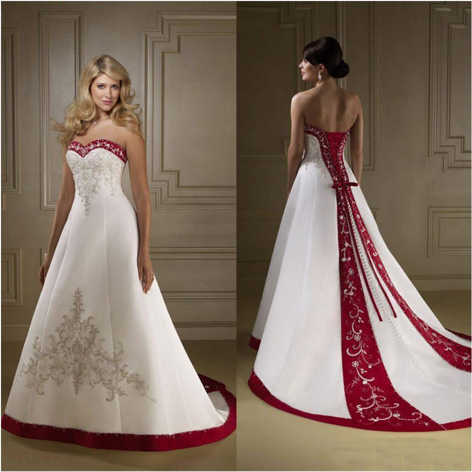 

Red And White Satin Embroidery Wedding Dresses vintage retro Strapless A Line Lace Up Court Train country Bridal Gowns vestidos Plus Size