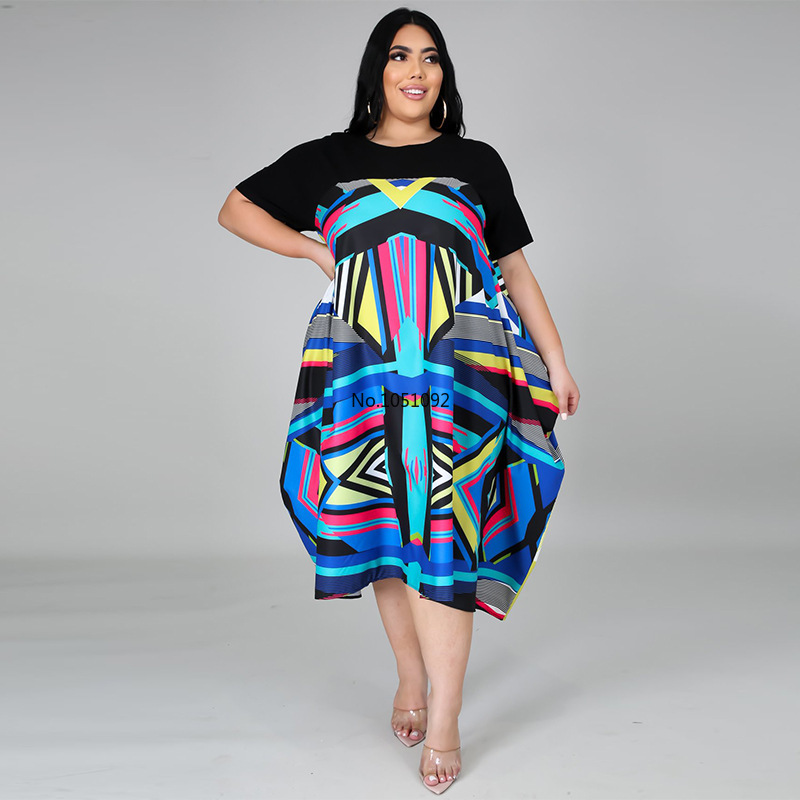 

Large Size Plus Size Dress Women Loose Printed Casual Patchwork Vintage Dresses Summer Boho Robe Femme Ete Vestidos 4XL 5XL, As pic