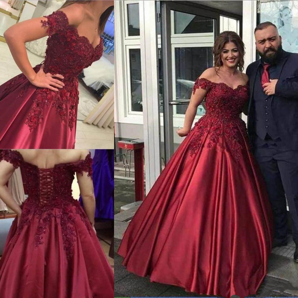2019 Dark Red Off Shoulder Prom Dresses Satin Appliques Lace Ball Gown Puffy Style Special Occasion Formal Evening Dresses Party Gowns Cust