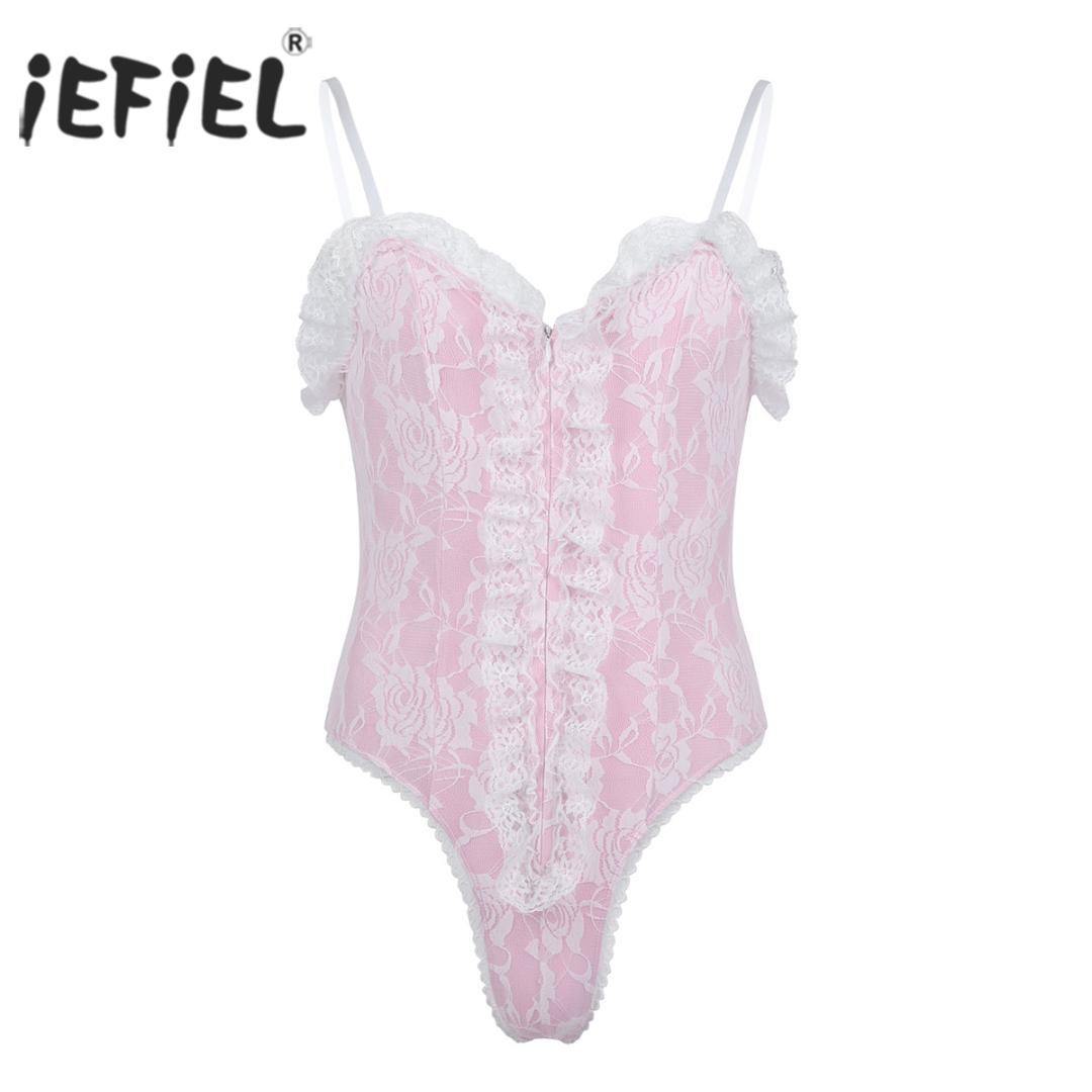 

iEFiEL Mens Gay Lingerie Body Suit Straps High Cut Teddies Ruffle Lace Bodysuit Catsuit Sexy Special Nightwear Sissy Clubwear, As pic