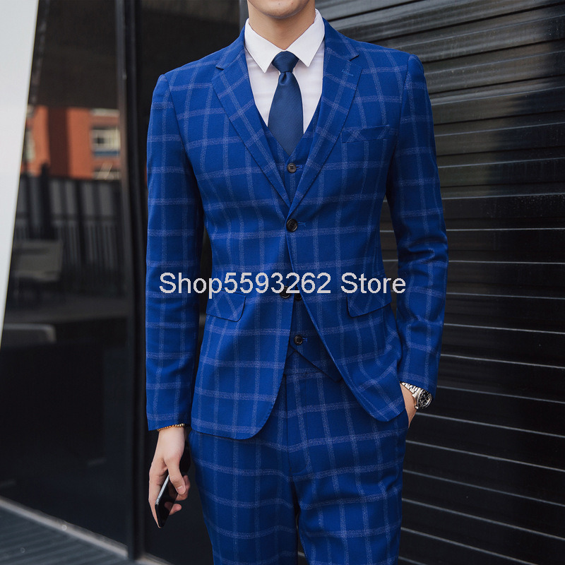 

2020 Men Grid Leisure Suit Three-piece Set Suit Dress Male, Royal blue